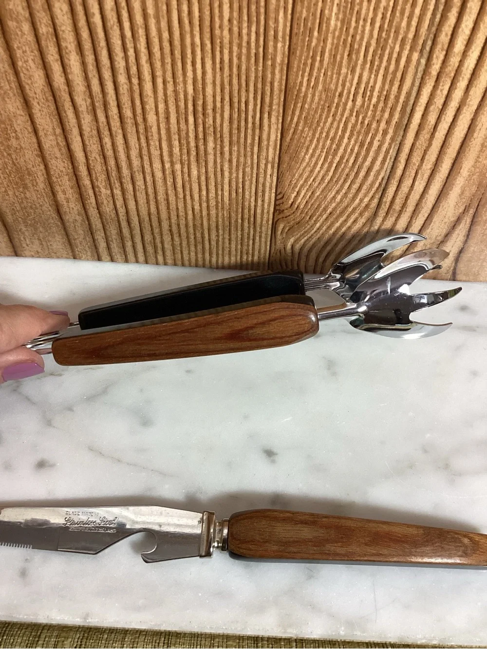Vintage Wood Handle Men's Claw Tongs ,Multi functional Knife - Wood Tone